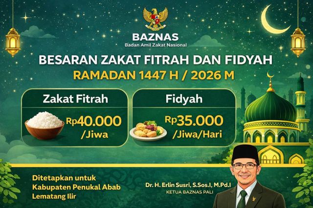 BAZNAS PALI Tetapkan Zakat Fitrah 2026 Sebesar Rp40.000 per Jiwa, Fidyah Rp35.000 per Hari